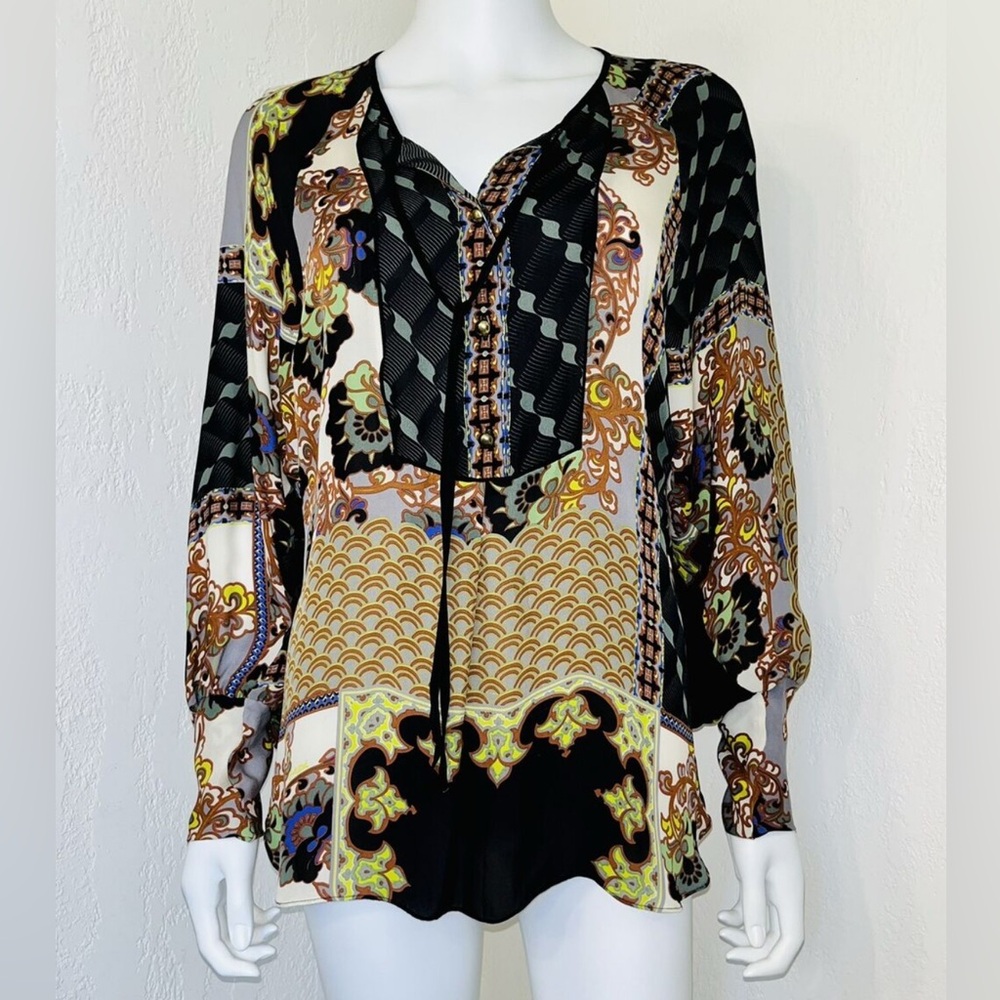 Hale Bob Floral Geo Patchwork 100% Silk Henley Dolman Tunic To, Medium